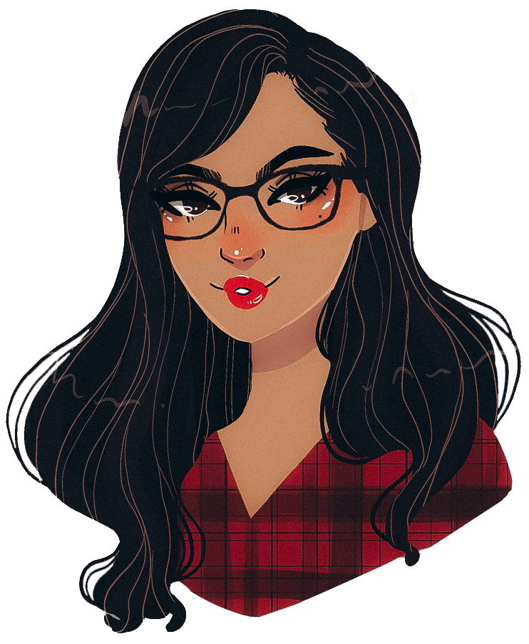 Artist rendering of a female book reviewer with wavy black hair, black glasses, and red and black plaid shirt.