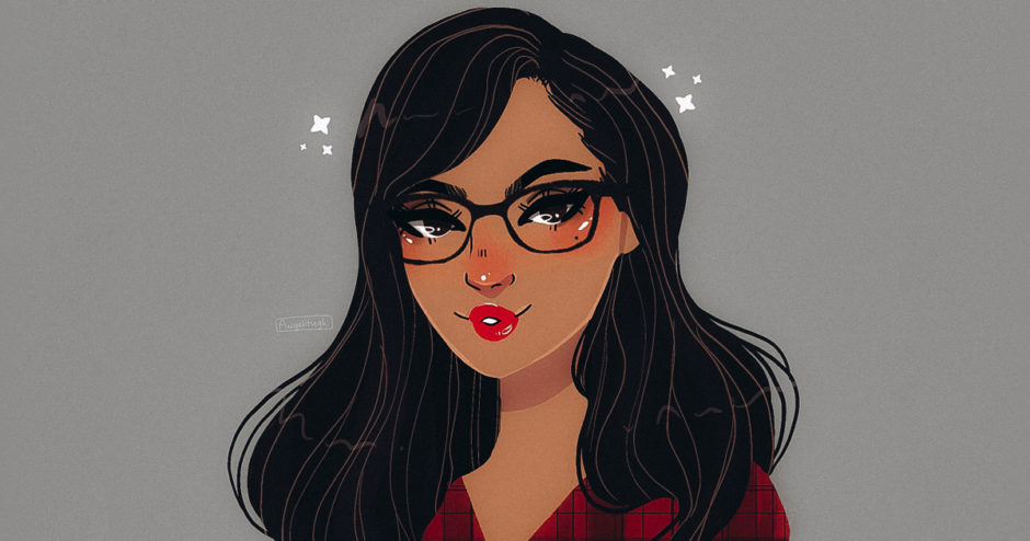 Artist rendering of young woman with wavy black hair, black glasses, and red and black plaid shirt.