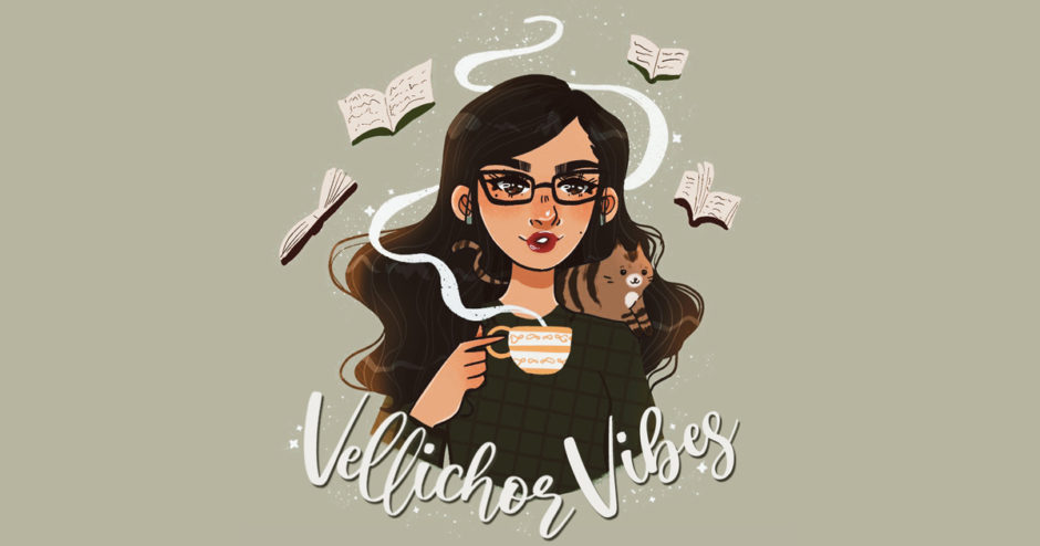 Artist rendering of young woman with wavy black hair sipping tea. Tabby cat is perched on her shoulders.