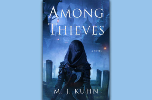 Book cover for Among Thieves by M. J. Kuhn set against a light blue background.