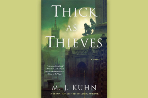 Book cover for Thick as Thieves by M. J. Kuhn set against a pistachio green background.